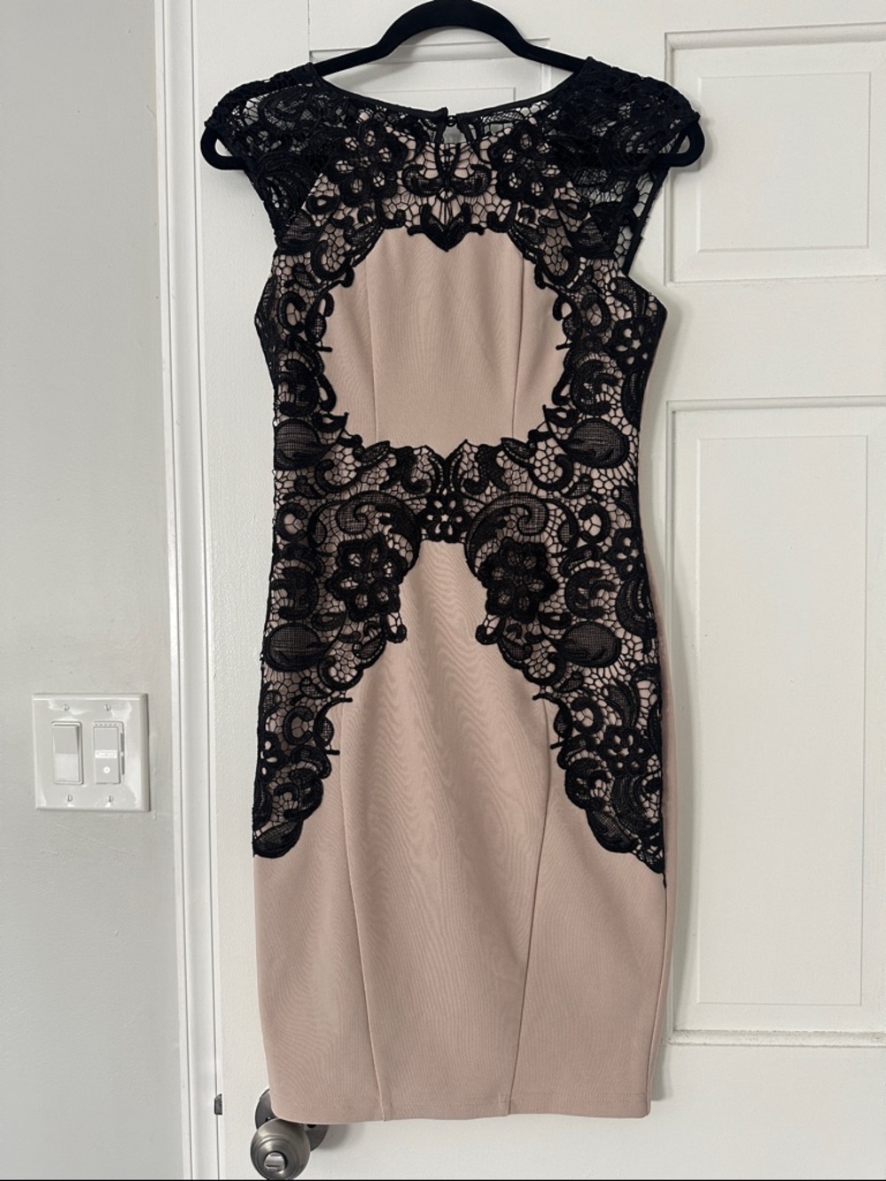 Lipsy London Beige Dress with Black Lace Overlay - Elegant Women's Sheath Dress